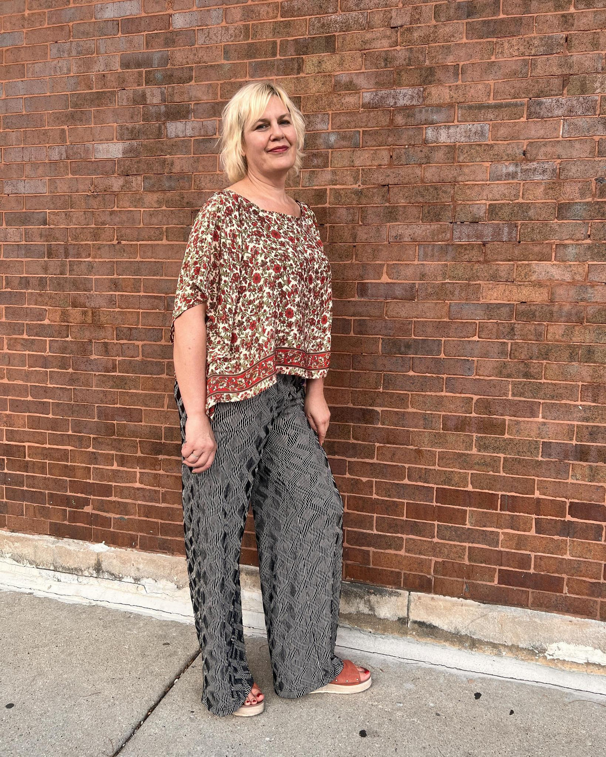 Indie Ella Tessa Flowy Silk Top in Cream with Red and Green Floral Vines Print
