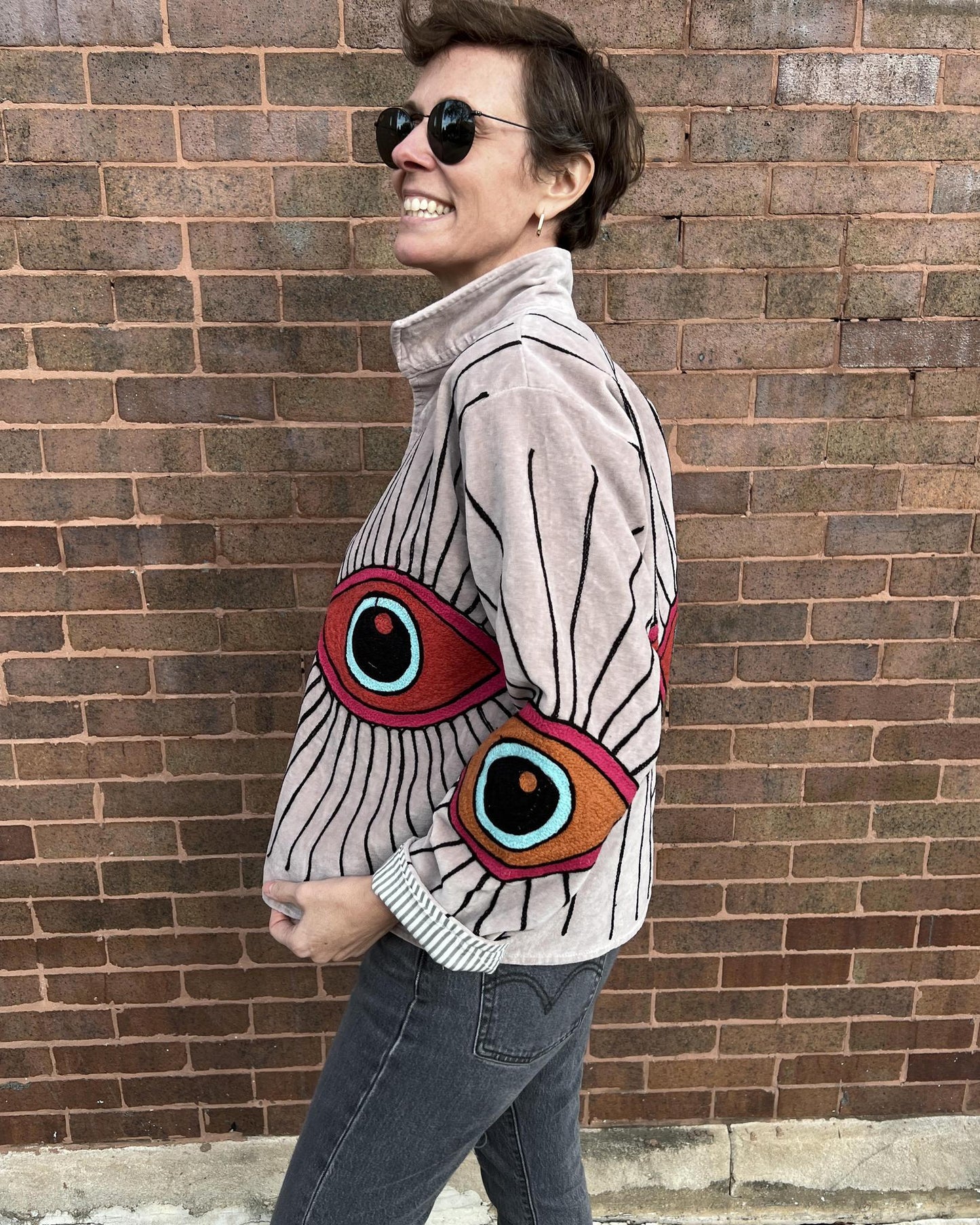 Txtile Velvet Evil Eye Jacket in Light Gray with Bright Eyes