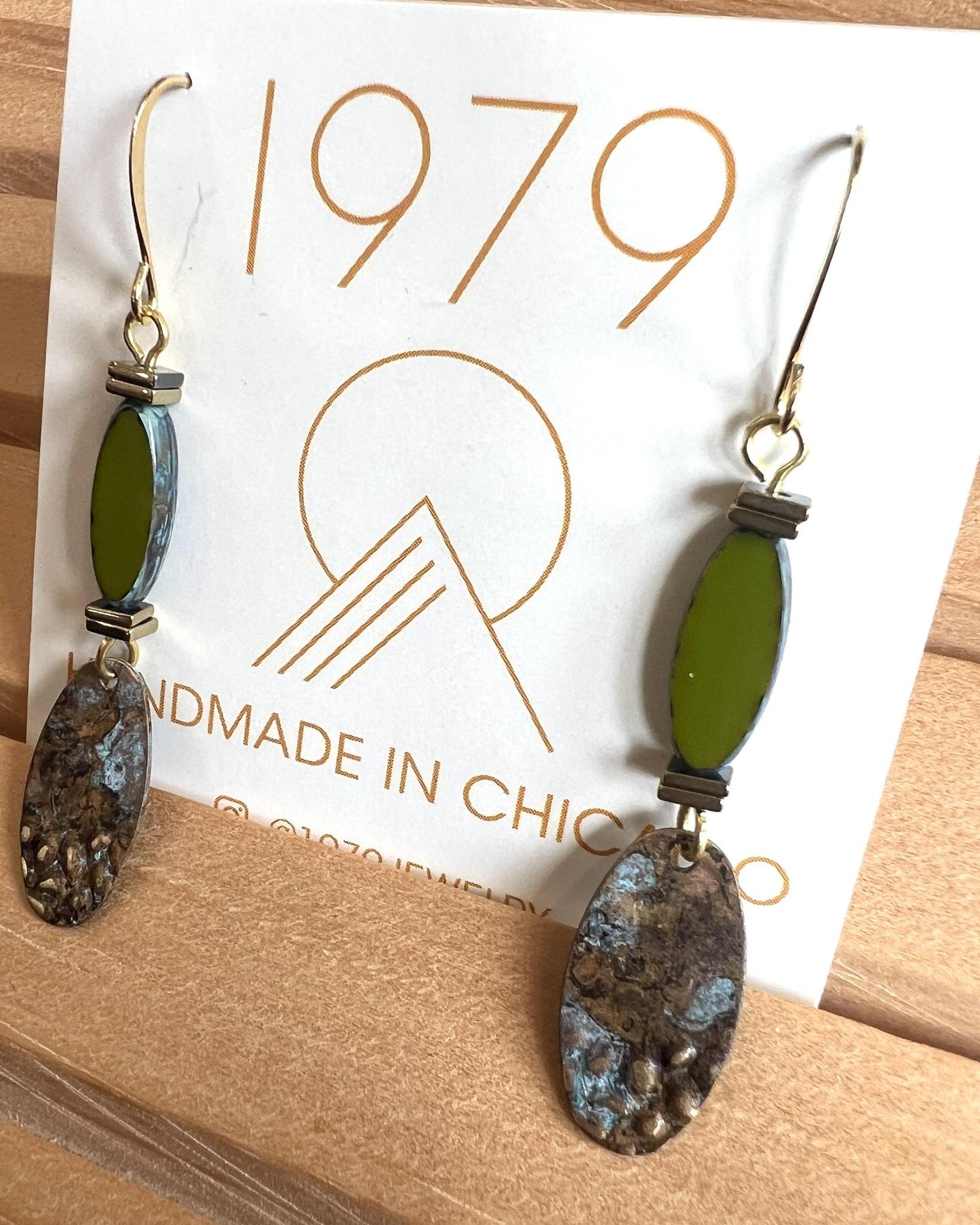 1979 Jewelry Brass Earrings Leaf Green and Verdigris Dangles