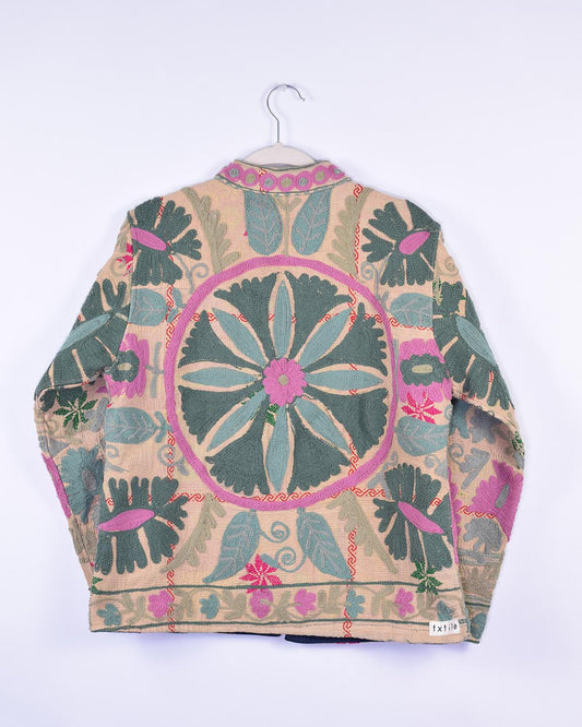 Txtile Billie Quilted Reversible Patchwork Kantha Jacket - Size Small - Pink & Teal Floral Embroidery