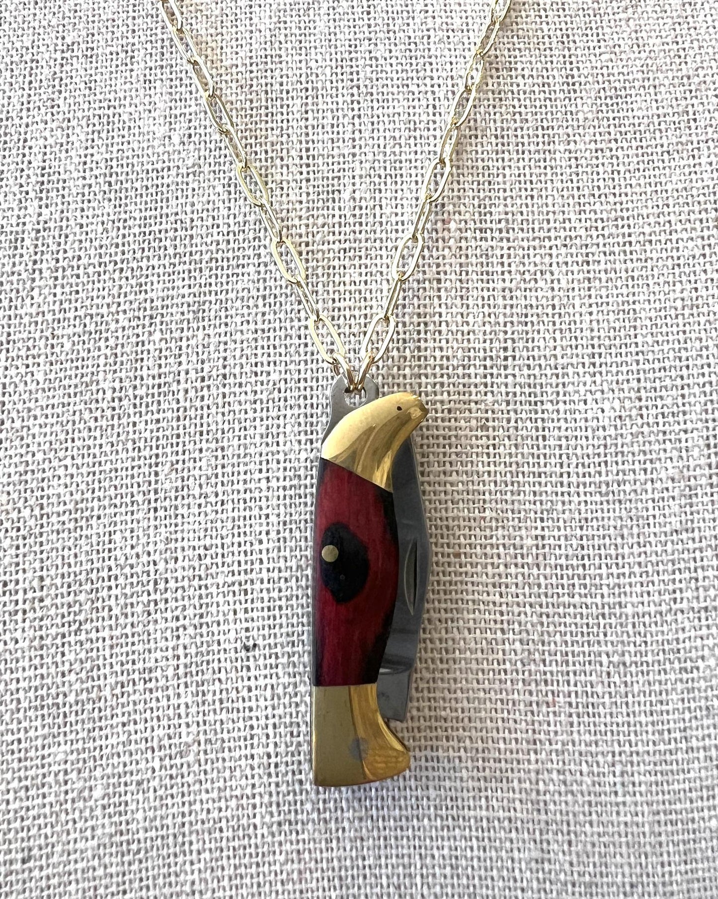 1979 Jewelry Knife Necklace 1.5-inch Wood - 14 kt GF Chain