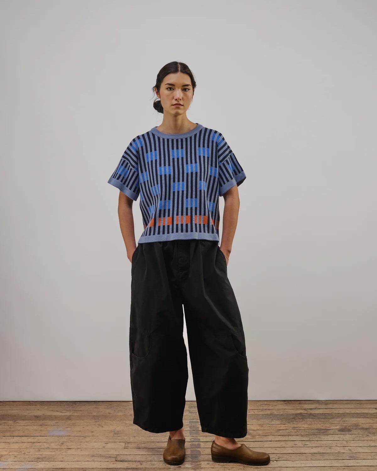 The Endery Bauhaus Short Sleeve Sweater Tee in Neptune (Soft Blue/Navy)