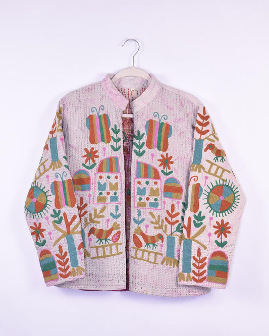 Txtile Billie Quilted Reversible Patchwork Kantha Jacket - Size Medium - Whimsical Embroidery with Butterflies and Plants