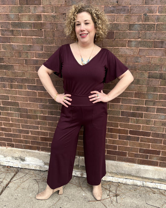 Squasht Jumpsuit with Bell Sleeves in Merlot
