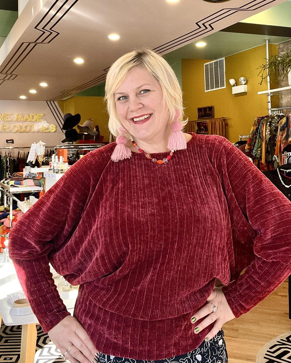 Squasht Batwing Sweater in Red Raspberry Plush Chenille Rib Knit