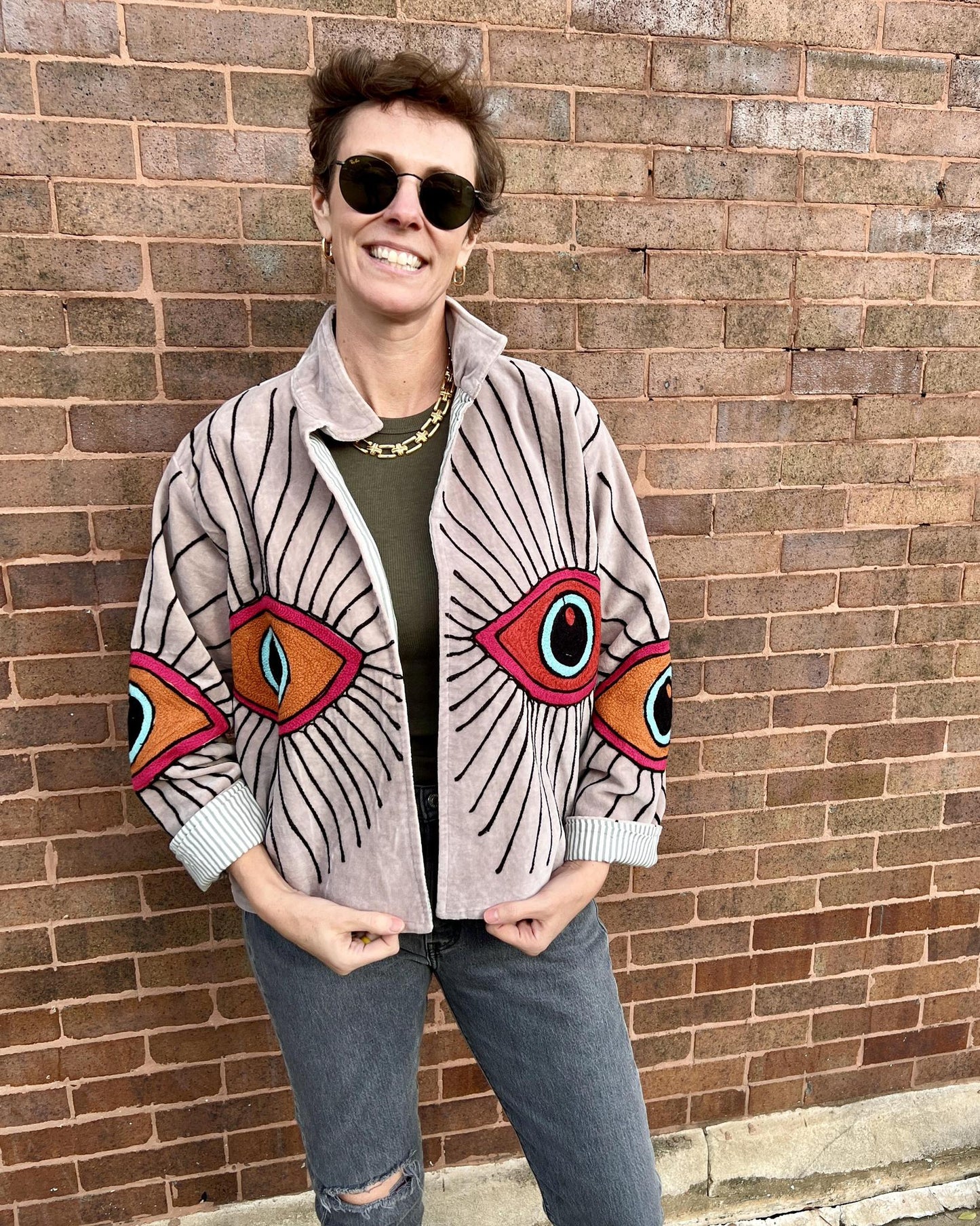 Txtile Velvet Evil Eye Jacket in Light Gray with Bright Eyes