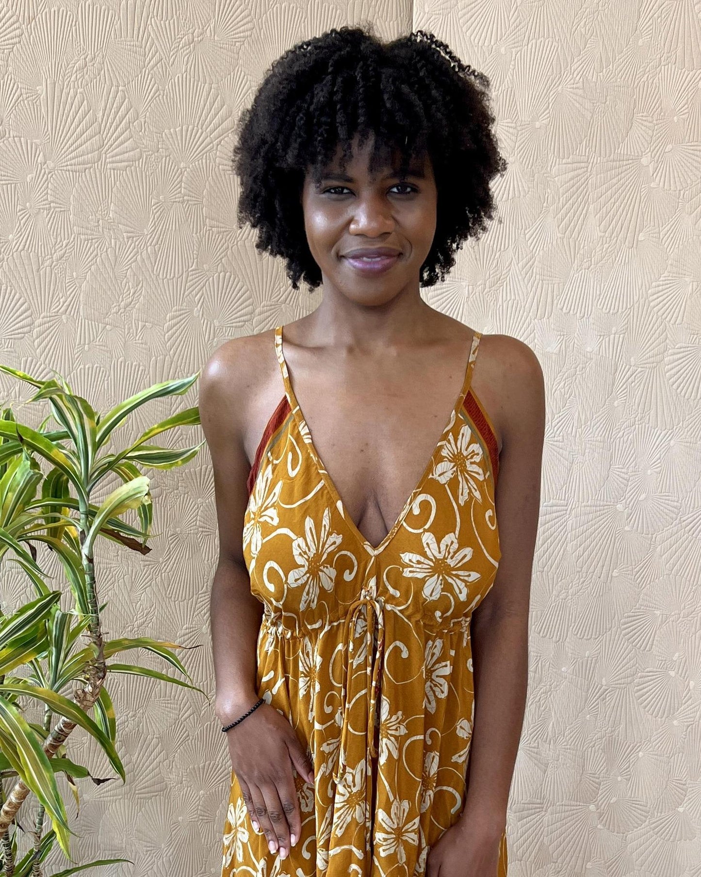 Indie Ella Harlow Strappy Silk Dress in Warm Ochre Floral