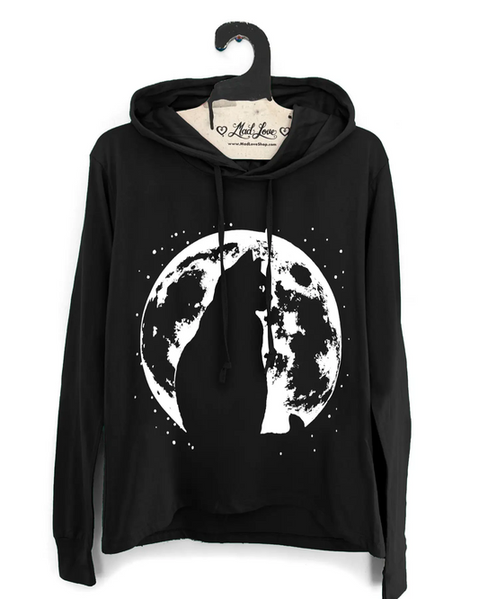 Mad Love Black Longsleeve Hooded Tee with Cat Moon