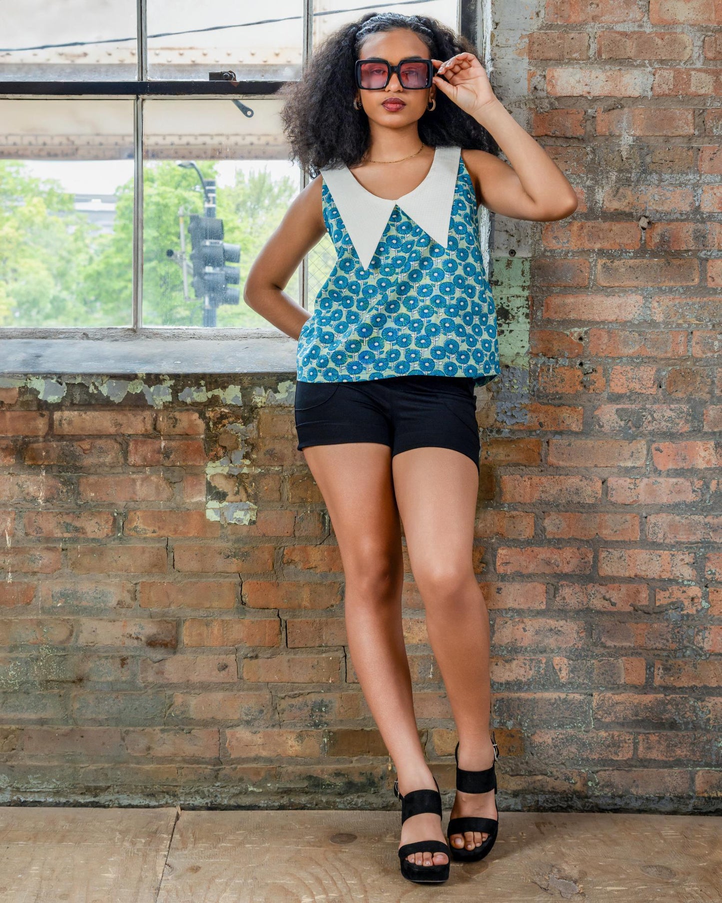 Squasht 70s Collared Tank in Turquoise Flower Print with White Grid Collar