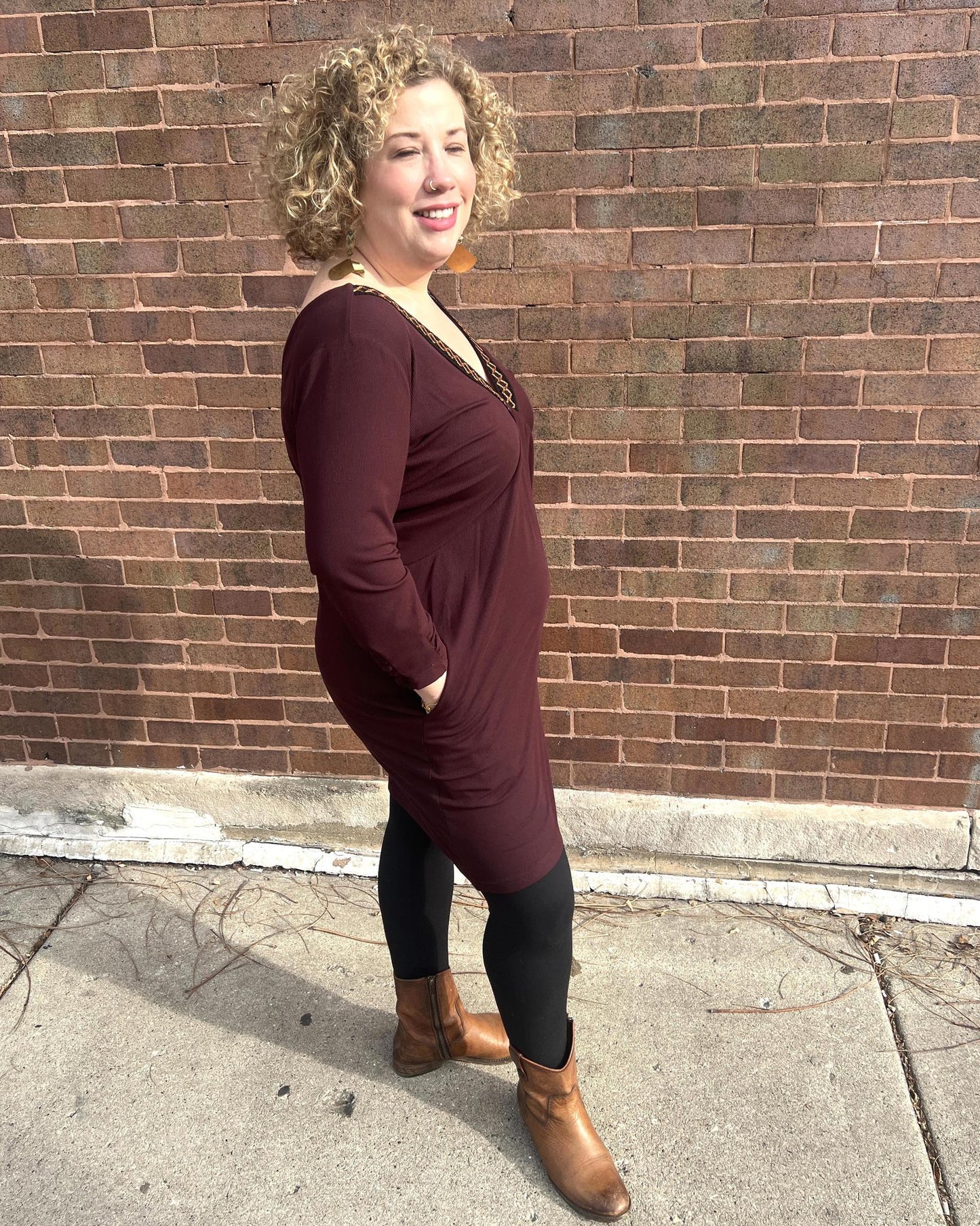 Squasht Drea Draped Dress in Cranberry with Black & Cranberry Vintage Trim