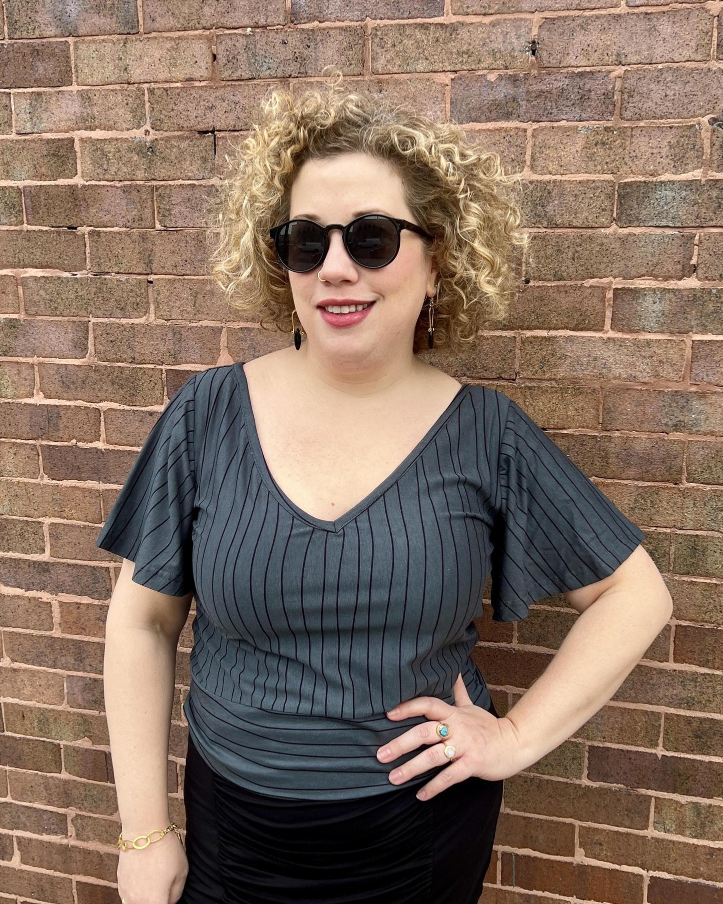 Squasht Bell Sleeve Ballet Top in Gray Lines Print