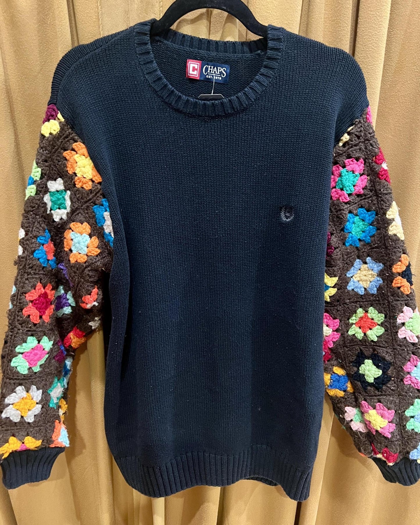 American Recycled Clothing - Crocheted Sleeve Knit Sweater - Black with Multi Color Granny Square Sleeves