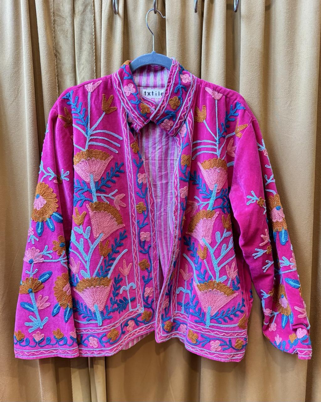 Txtile Pink Velvet Jacket with Embroidered Floral Design