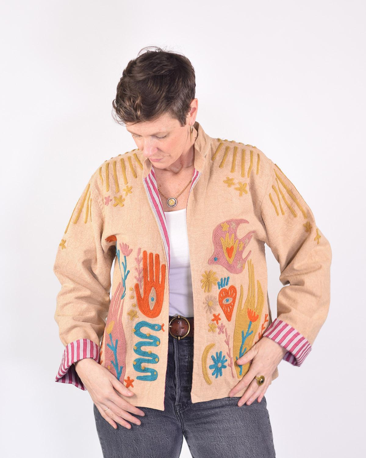 Txtile Dusty Taupe Lightweight Peace and Love Motif Canvas Embroidered Jacket