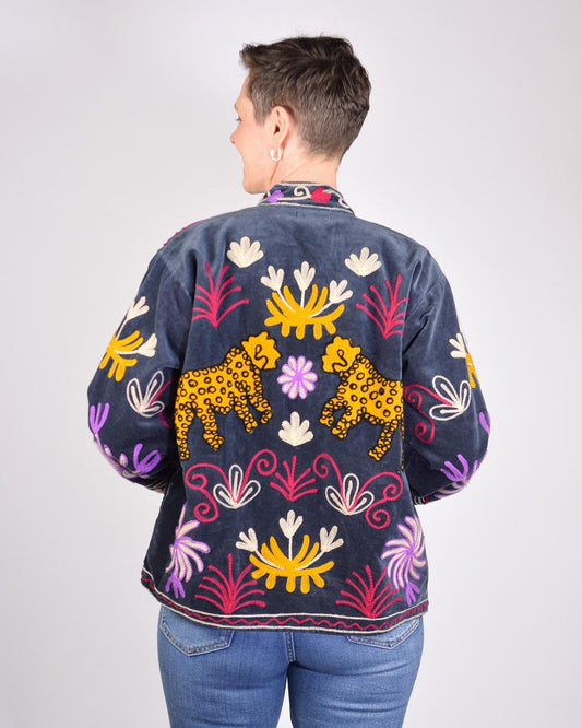 Txtile Slate Gray Velvet Jacket with Embroidered Leopard and Floral Motif