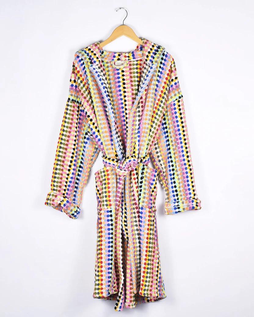 Txtile Turkish Cotton Plush Hooded Terry Cloth Robe - Rainbow Checkers