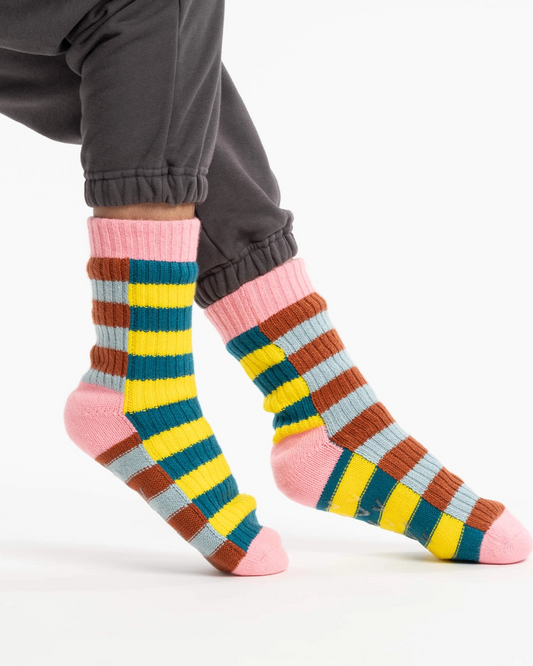 Verloop Super Stripe Knit House Socks in Stone Blue Rust