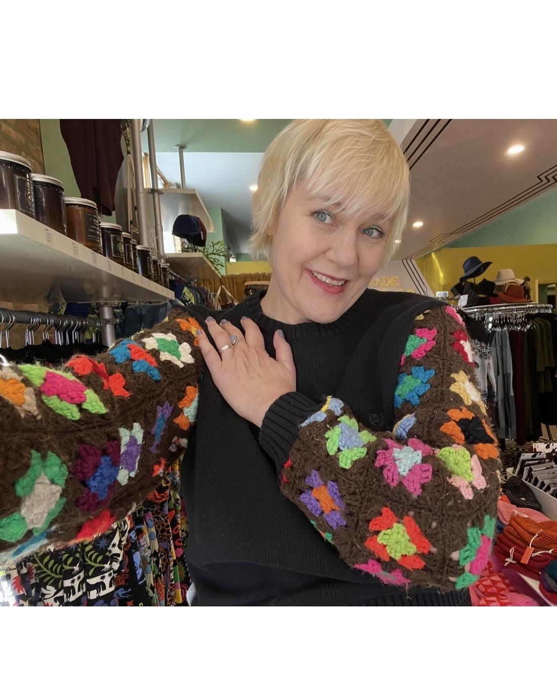 American Recycled Clothing - Crocheted Sleeve Knit Sweater - Black with Multi Color Granny Square Sleeves