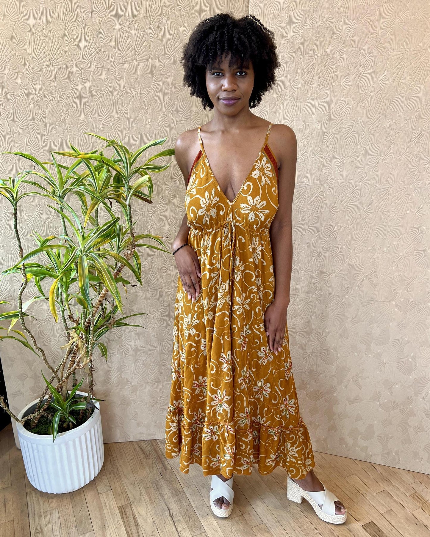 Indie Ella Harlow Strappy Silk Dress in Warm Ochre Floral