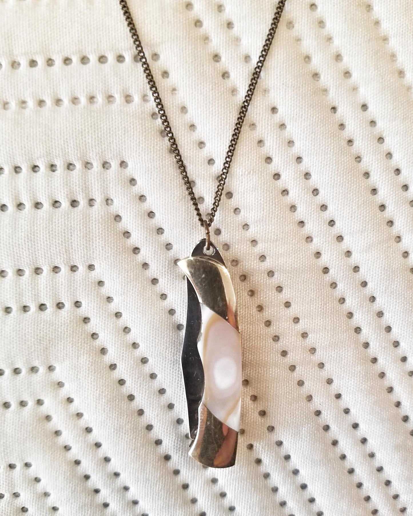 1979 Jewelry Knife Necklace 1.5 inch Mother of Pearl - 14 kt GF chain