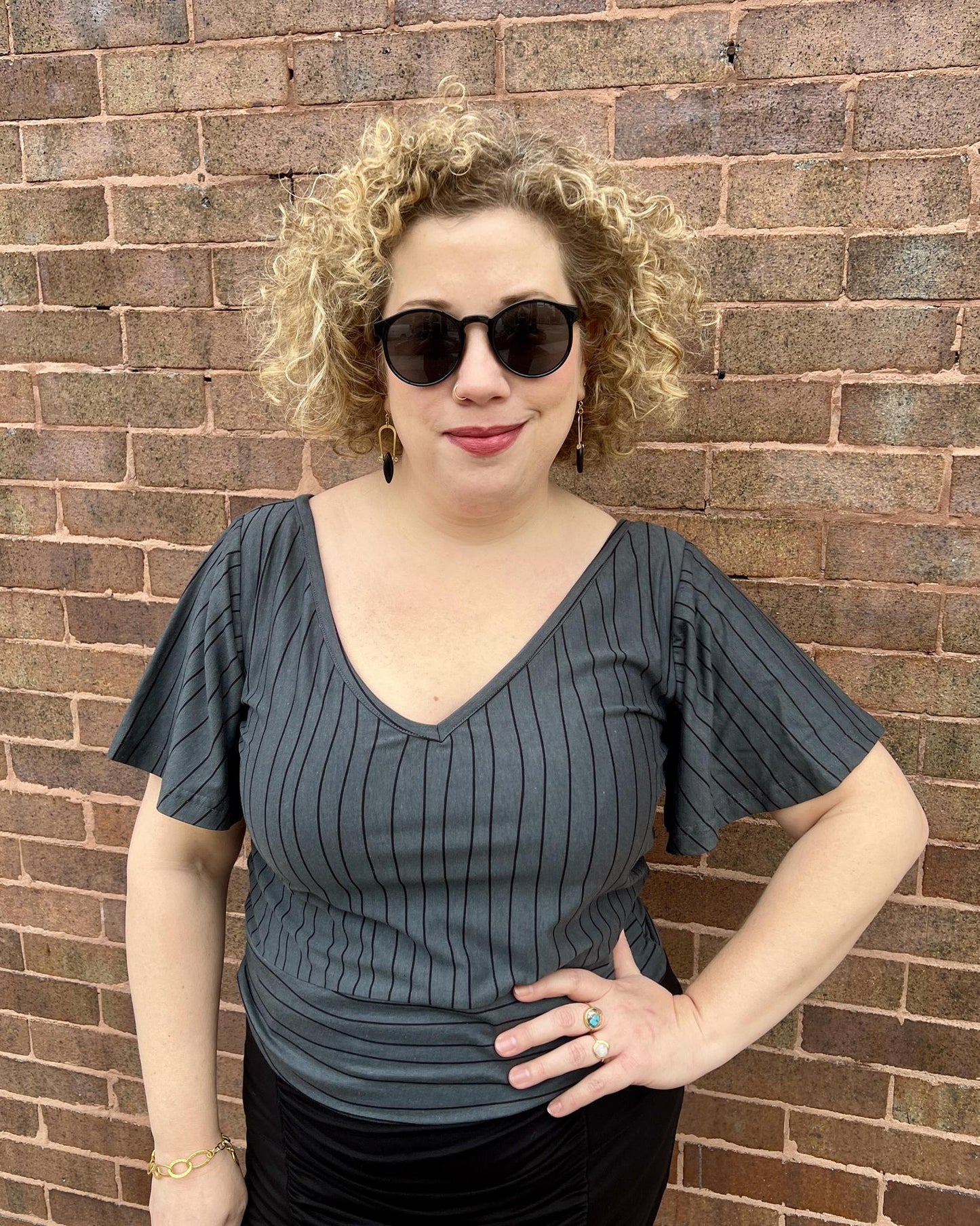 Squasht Bell Sleeve Ballet Top in Gray Lines Print