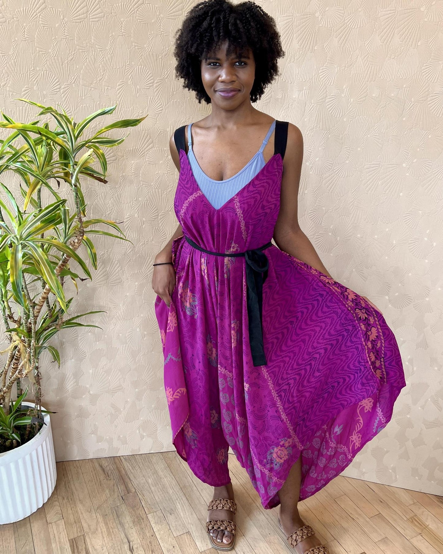 Indie Ella Zatanna Boho Silk Jumpsuit in Fuschia Flourish