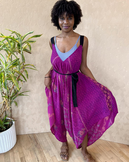 Indie Ella Zatanna Boho Silk Jumpsuit in Fuschia Flourish