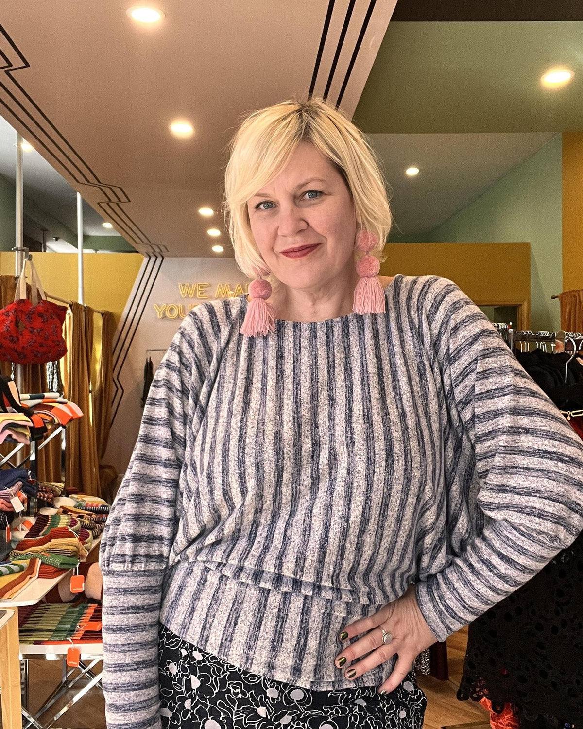 Squasht Batwing Sweater in Lightweight Light Gray and Blue Stripes