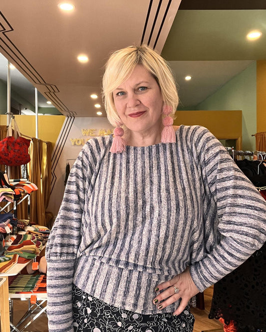 Squasht Batwing Sweater in Lightweight Light Gray and Blue Stripes