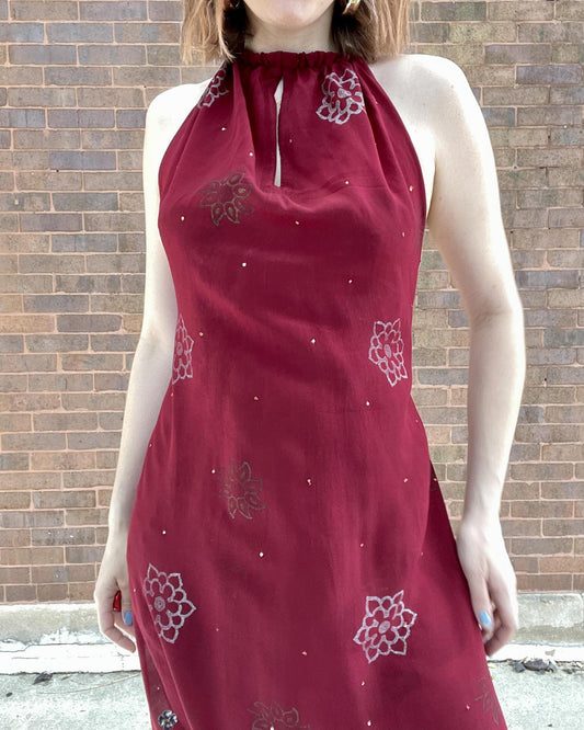 Indie Ella Eden Backless Silk Key Hole Maxi Dress in Red Embellished Print