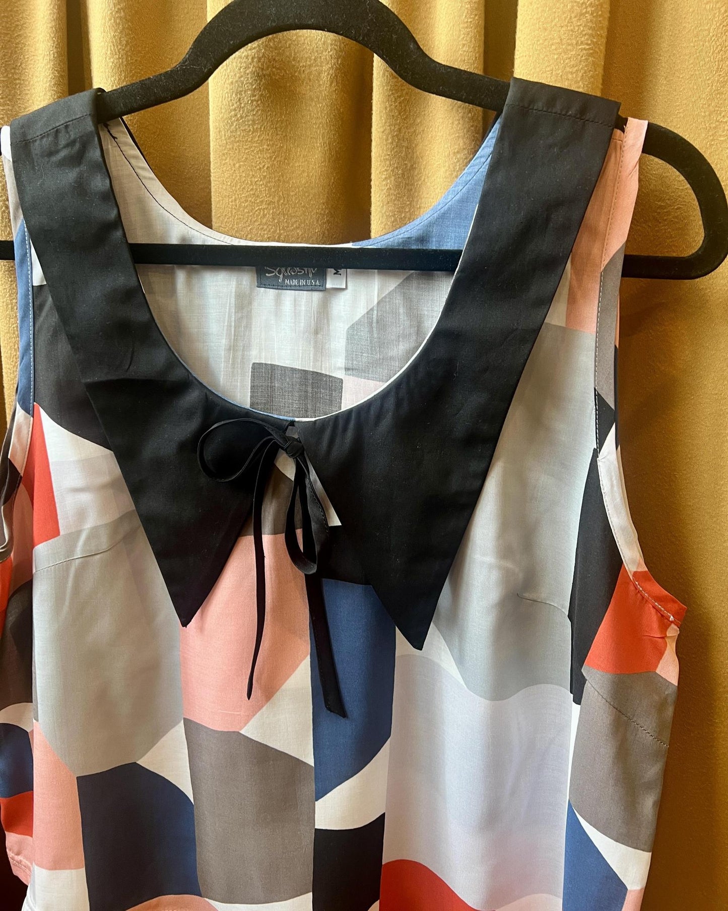 Squasht 70s Collared Tank in Abstract Art Print w/ Black Collar & Bow