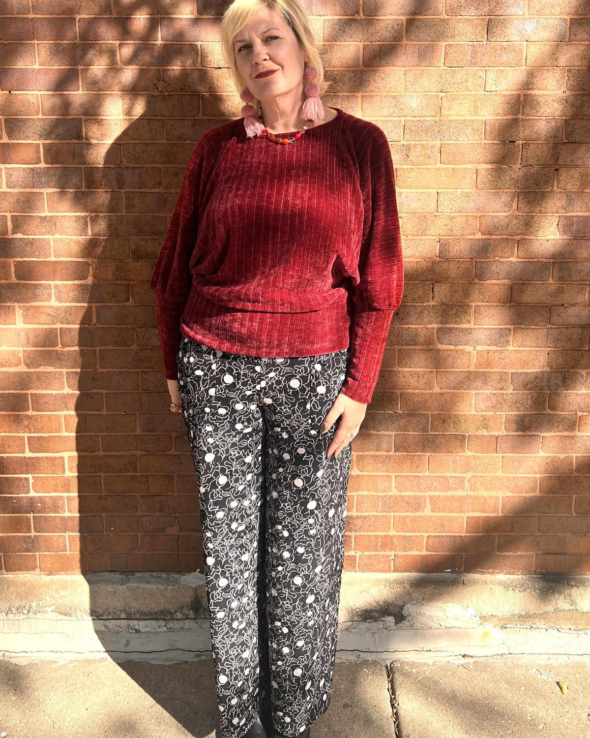 Squasht SAMPLE - Cropped Wide Leg Long Length Pants in Textured Black Floral - Size Medium