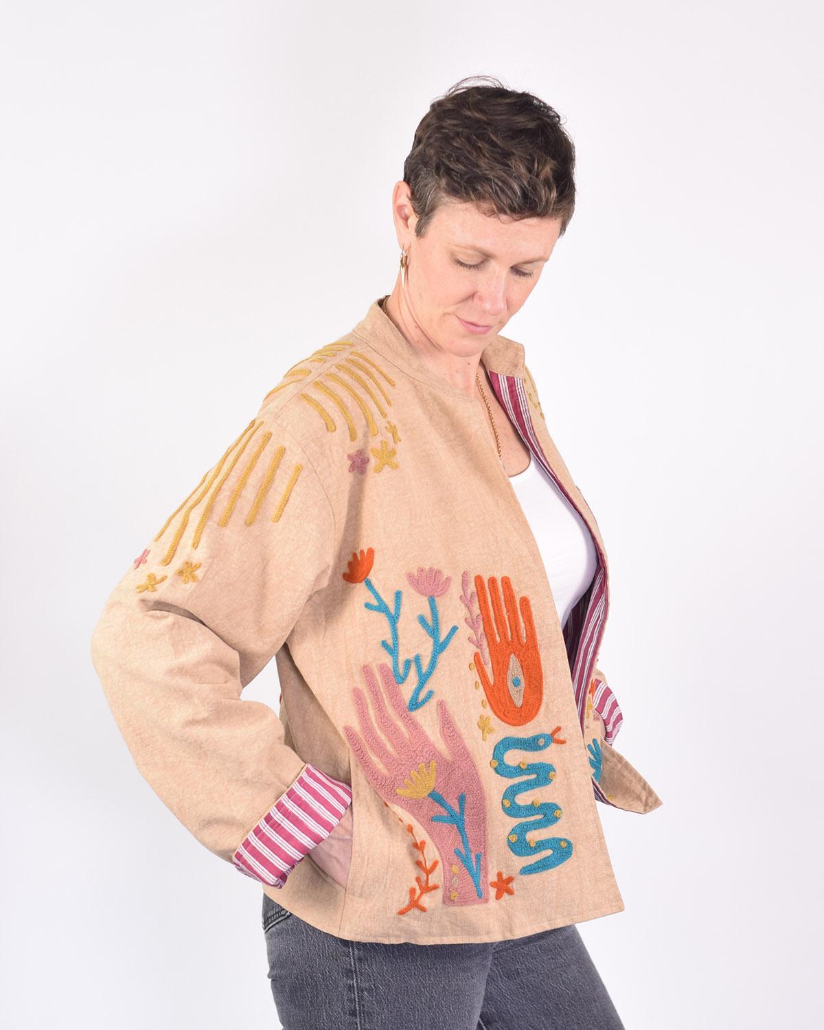Txtile Dusty Taupe Lightweight Peace and Love Motif Canvas Embroidered Jacket
