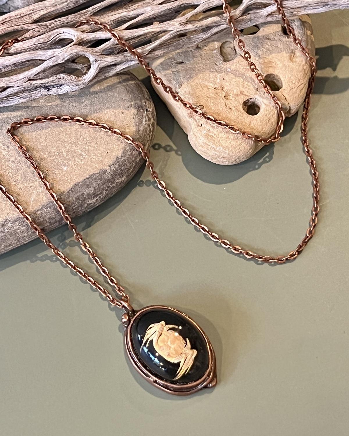 Pajaro Negro Little Crab on Black Background Oval Pendant Necklace