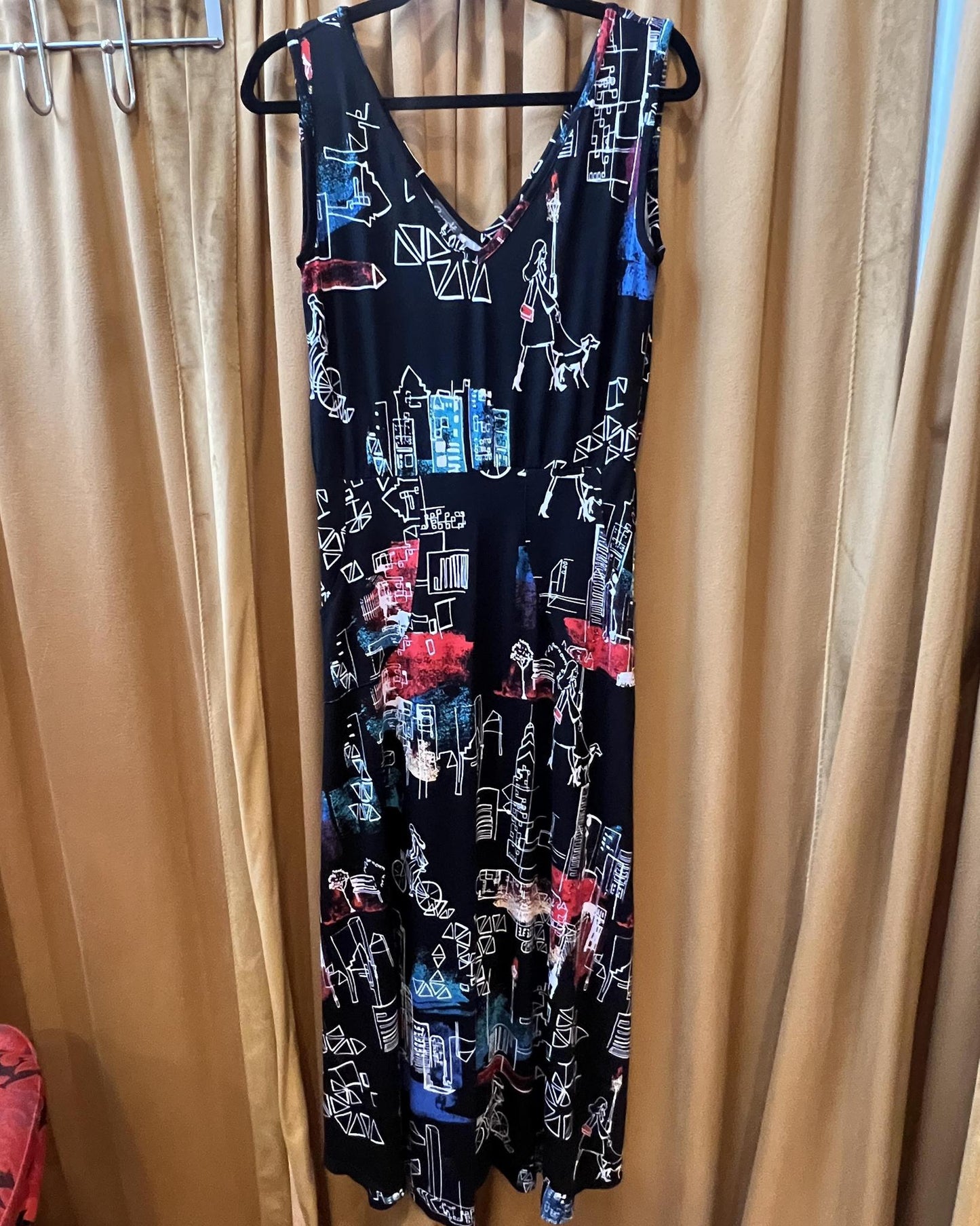 Squasht Maxi Dress Black with City Girl, Bike, and Dog Print - Size Small, Medium