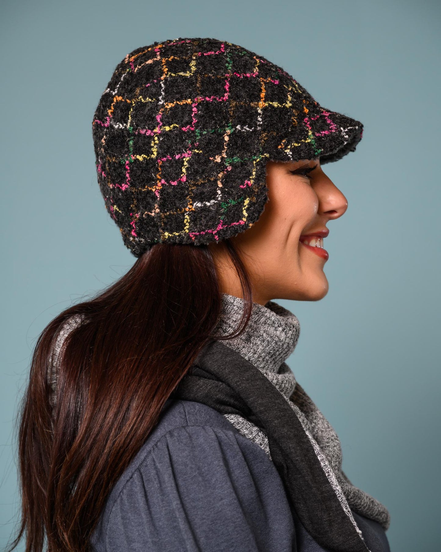 Squasht Darby Earflap Hat in Black Boucle with Squiggly Pattern