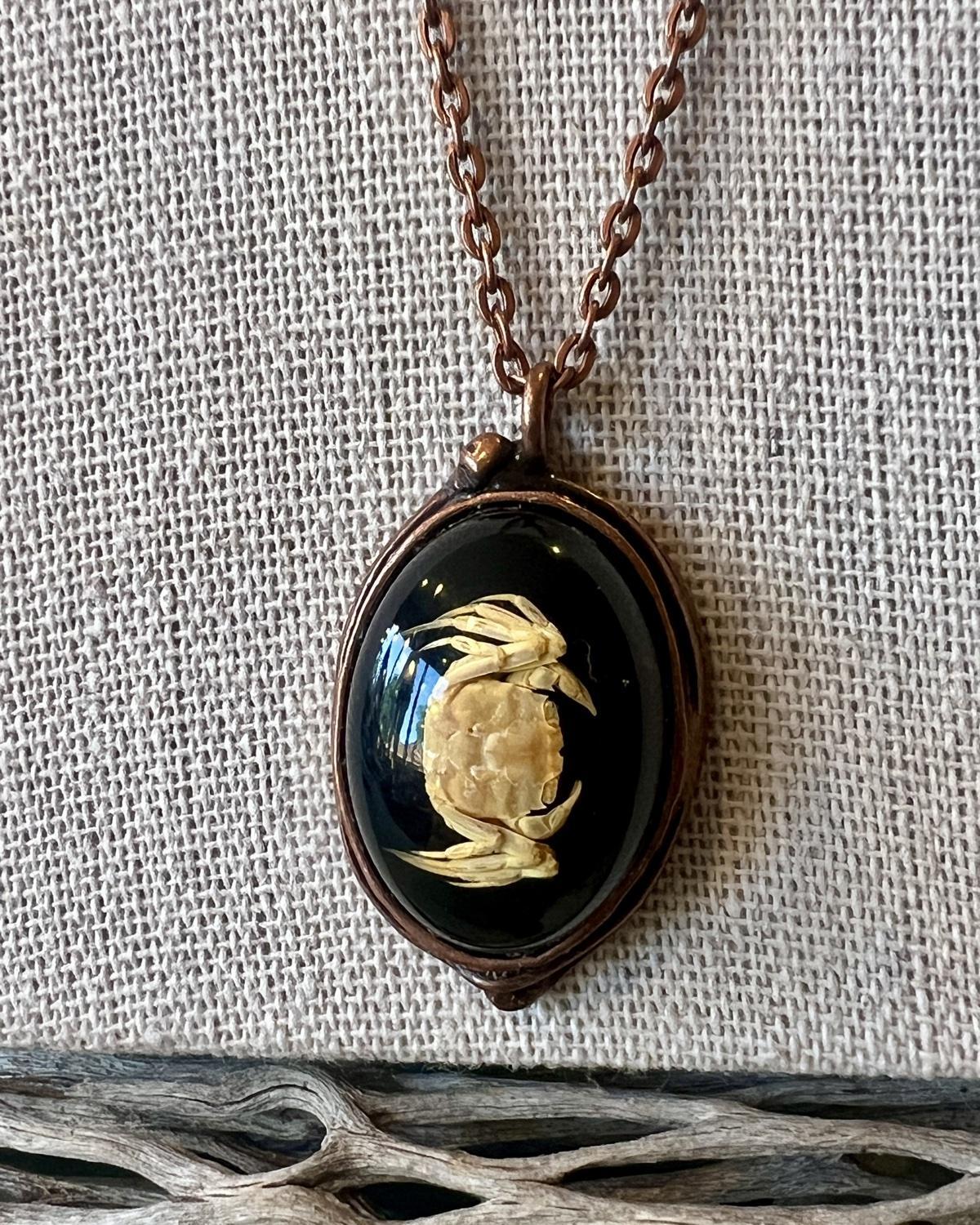 Pajaro Negro Little Crab on Black Background Oval Pendant Necklace