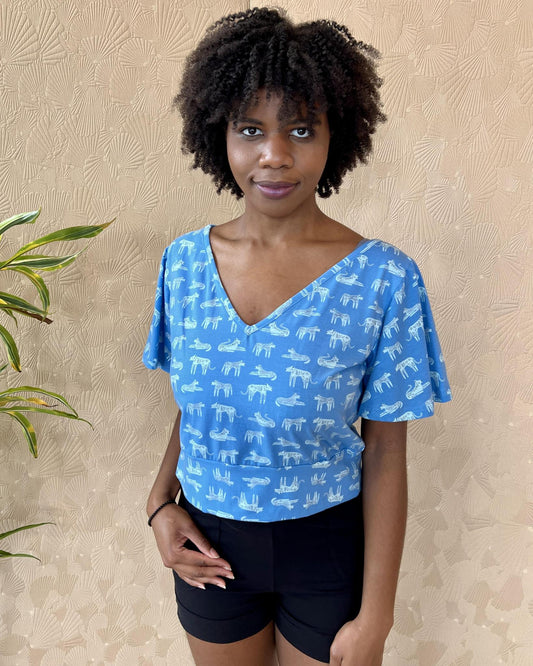Squasht Bell Sleeve Ballet Top in Big Cats Print
