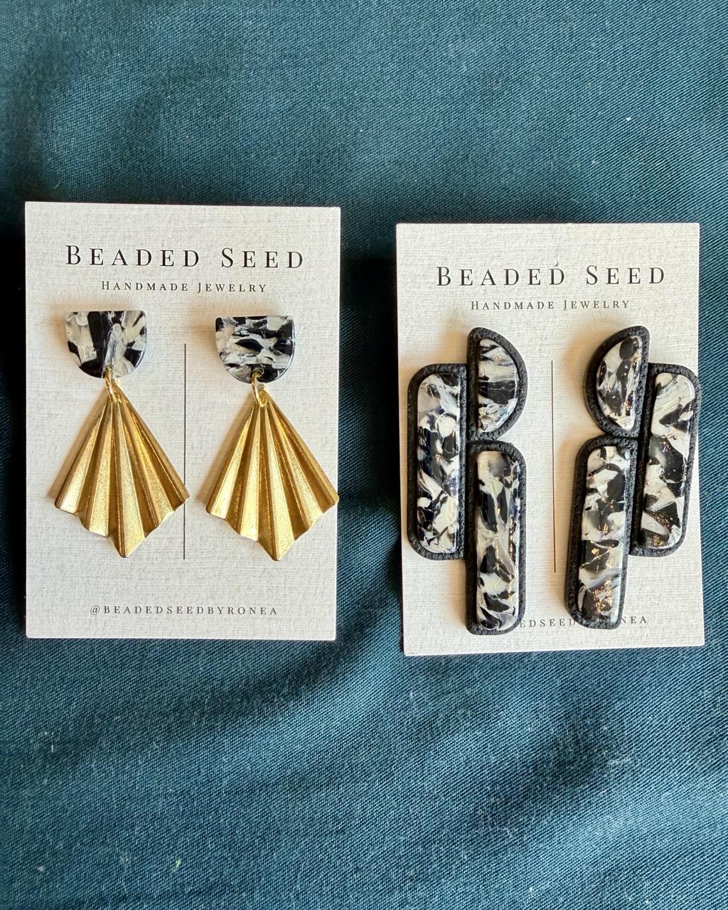 Beaded Seed by Ronea Gold & Marbled Black Dangle Stud Earrings