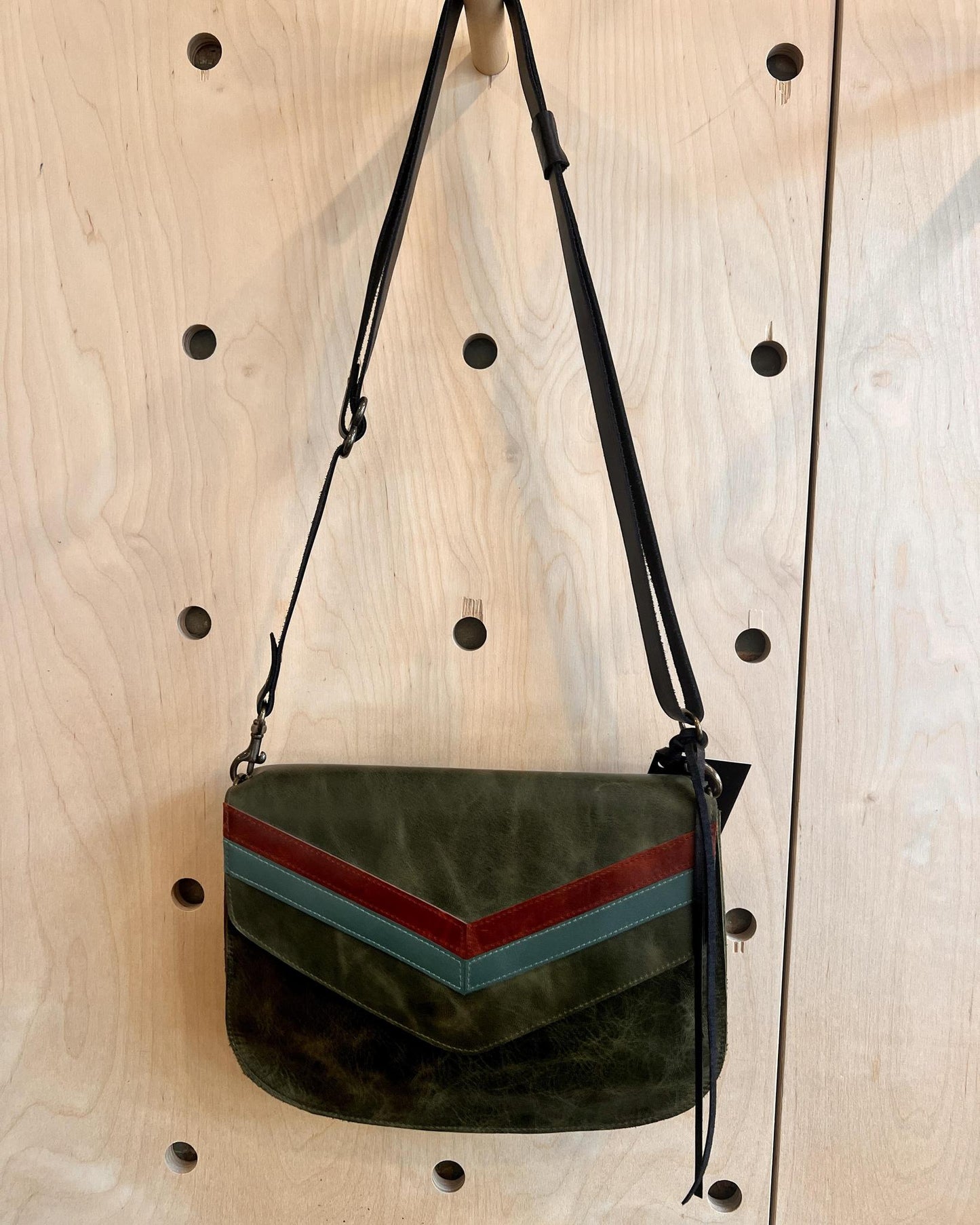 Vallente Leather Chevron Handbag - Oive Green Leather with Teal and Rust Chevrons