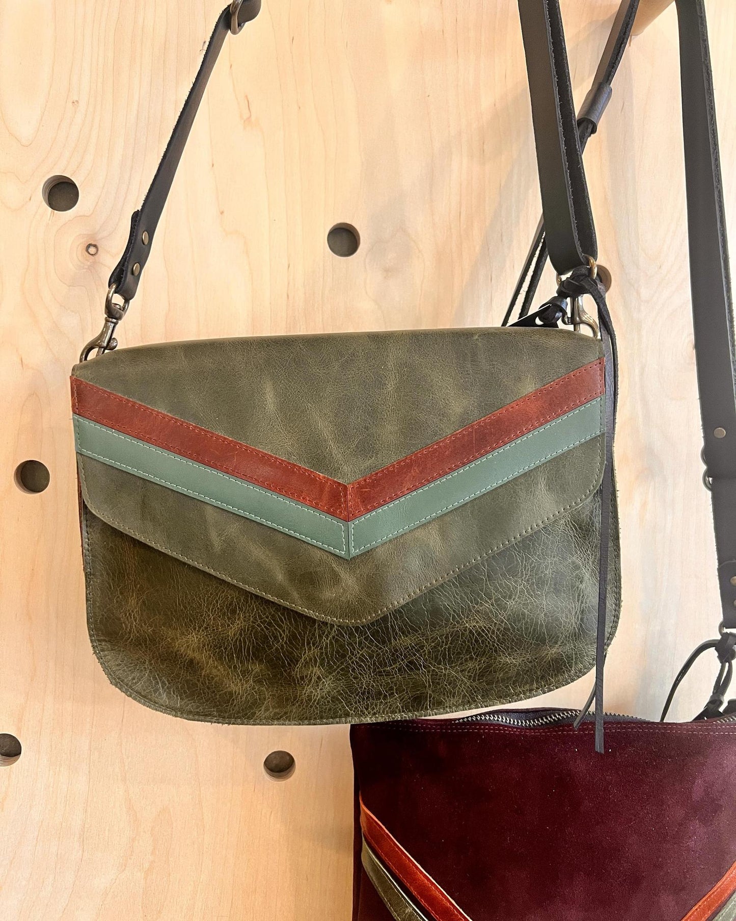 Vallente Leather Chevron Handbag - Oive Green Leather with Teal and Rust Chevrons