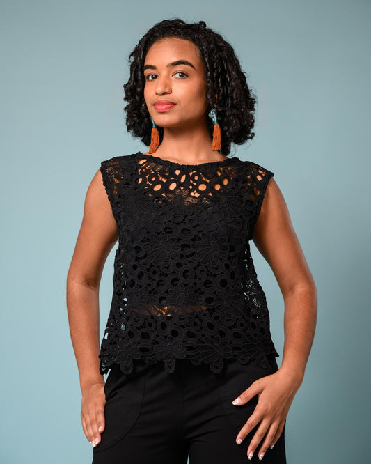 Squasht Flora Shell Top in Solid Black Lace