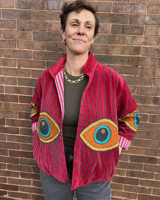 Txtile Velvet Evil Eye Jacket in Magenta with Orange Eyes