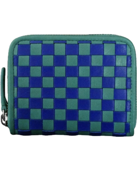 ili Leather Checkerboard Zip Around Wallet in Aqua Cobalt