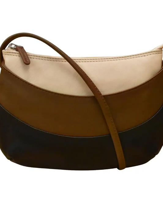 ili Leather Round Zip Top Crossbody in Brown Combo