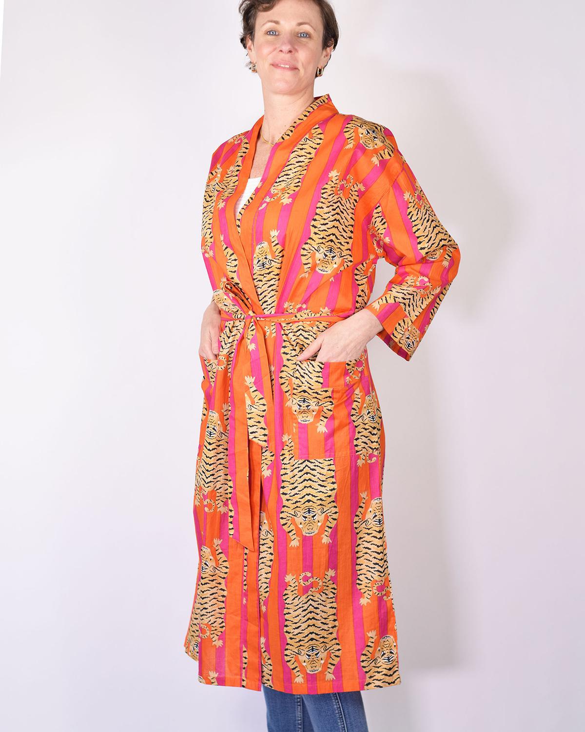 Txtile Lightweight Cotton Robe - Pink/Orange Tiger Print