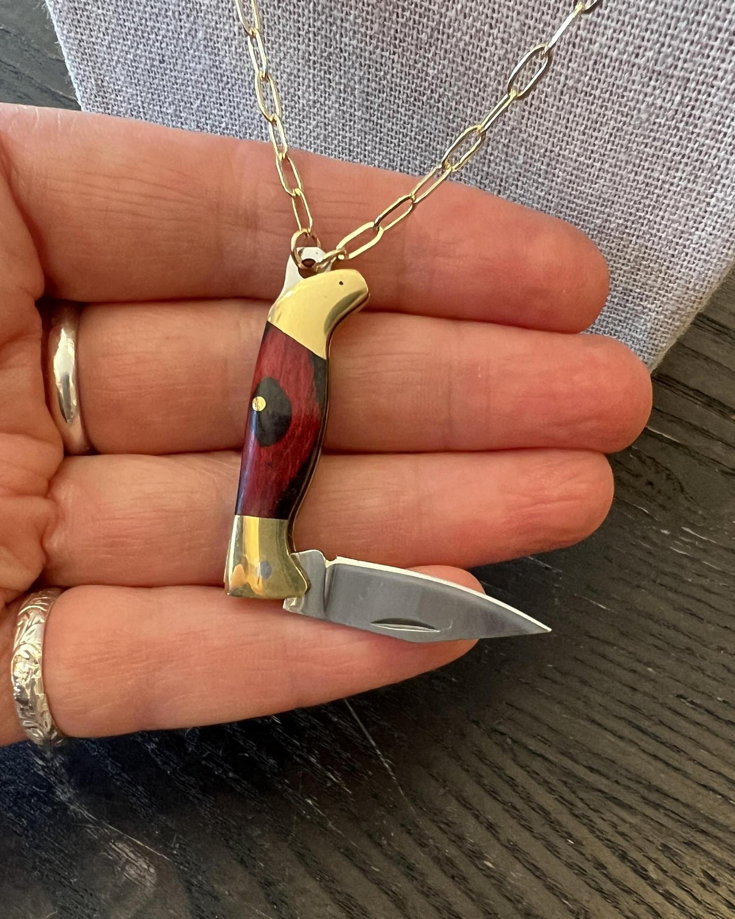 1979 Jewelry Knife Necklace 1.5-inch Wood - 14 kt GF Chain