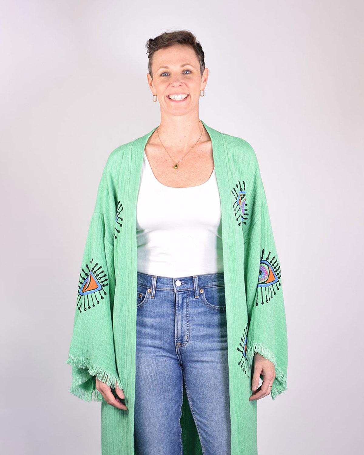 Txtile Luxury Turkish Cotton Evil Eye Kimono/Robe - Soft Jade