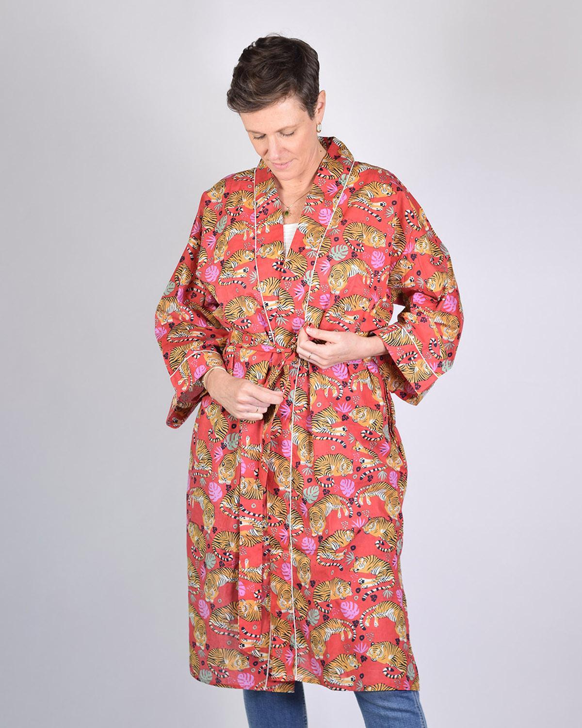 Txtile Lightweight Cotton Robe - Sleeping Tigers in Red