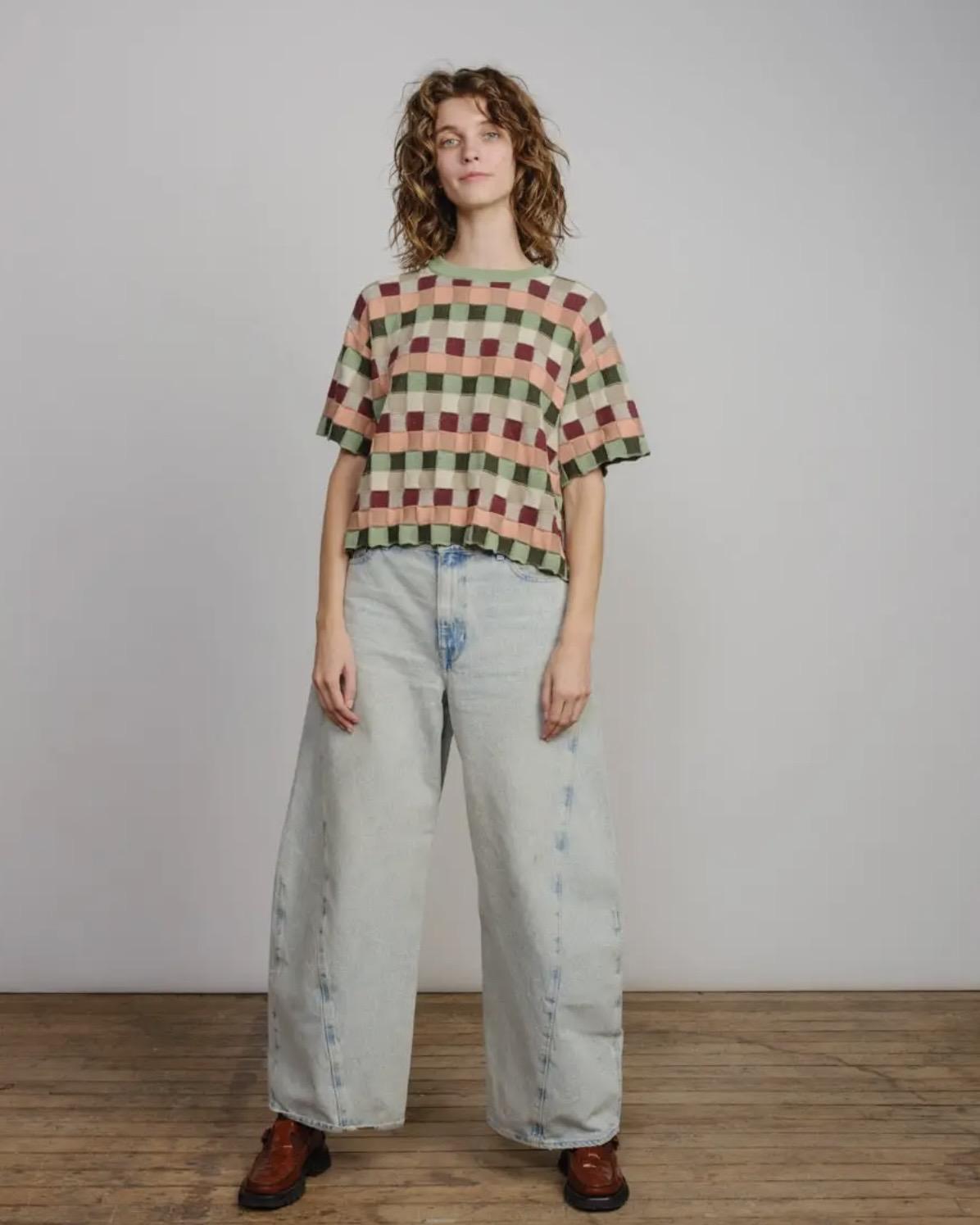The Endery Sonia Short Sleeve Sweater Tee in Zephyr (Sage/Peach/Cream)